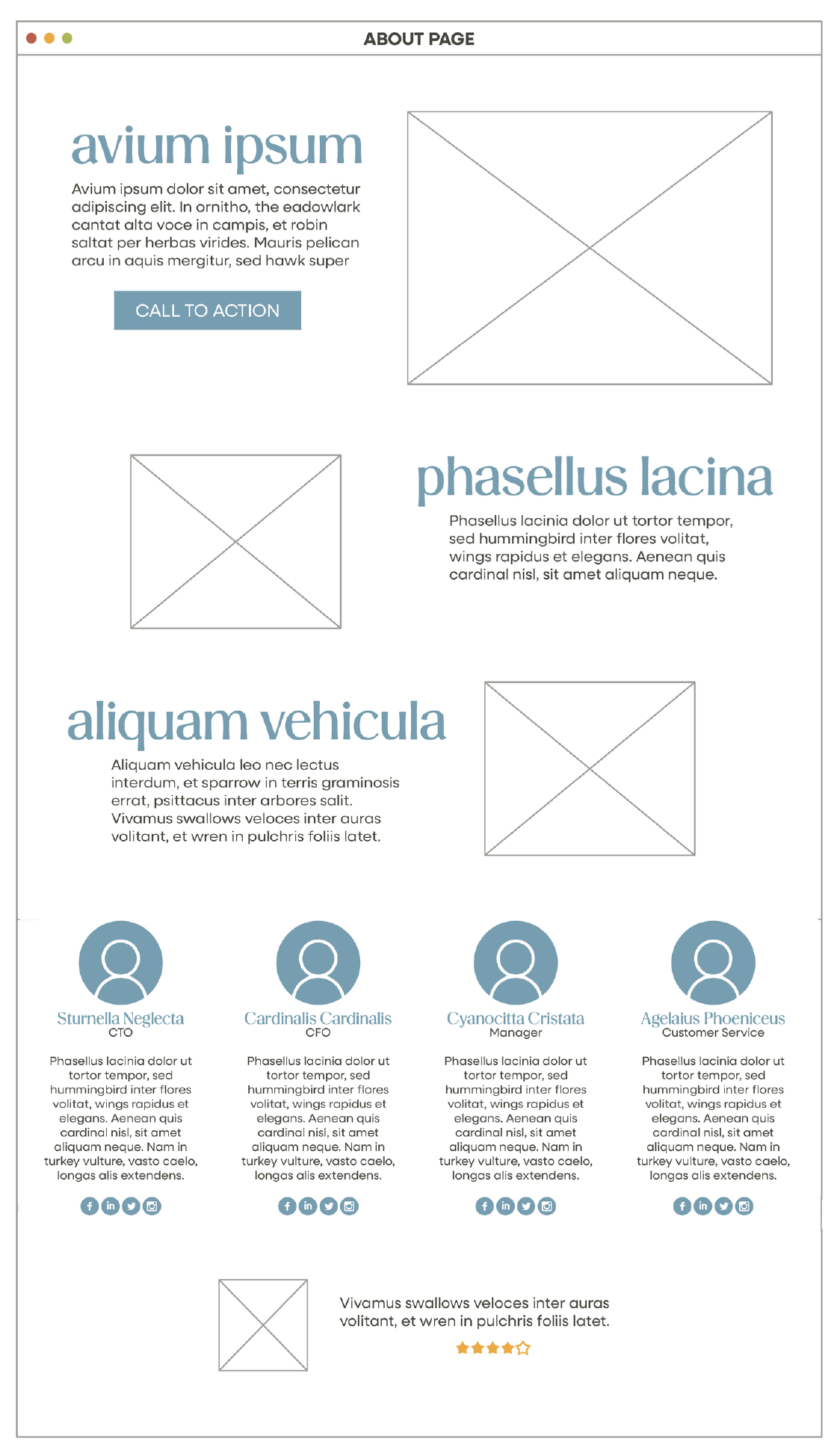 about page website mockup showing parts of a website